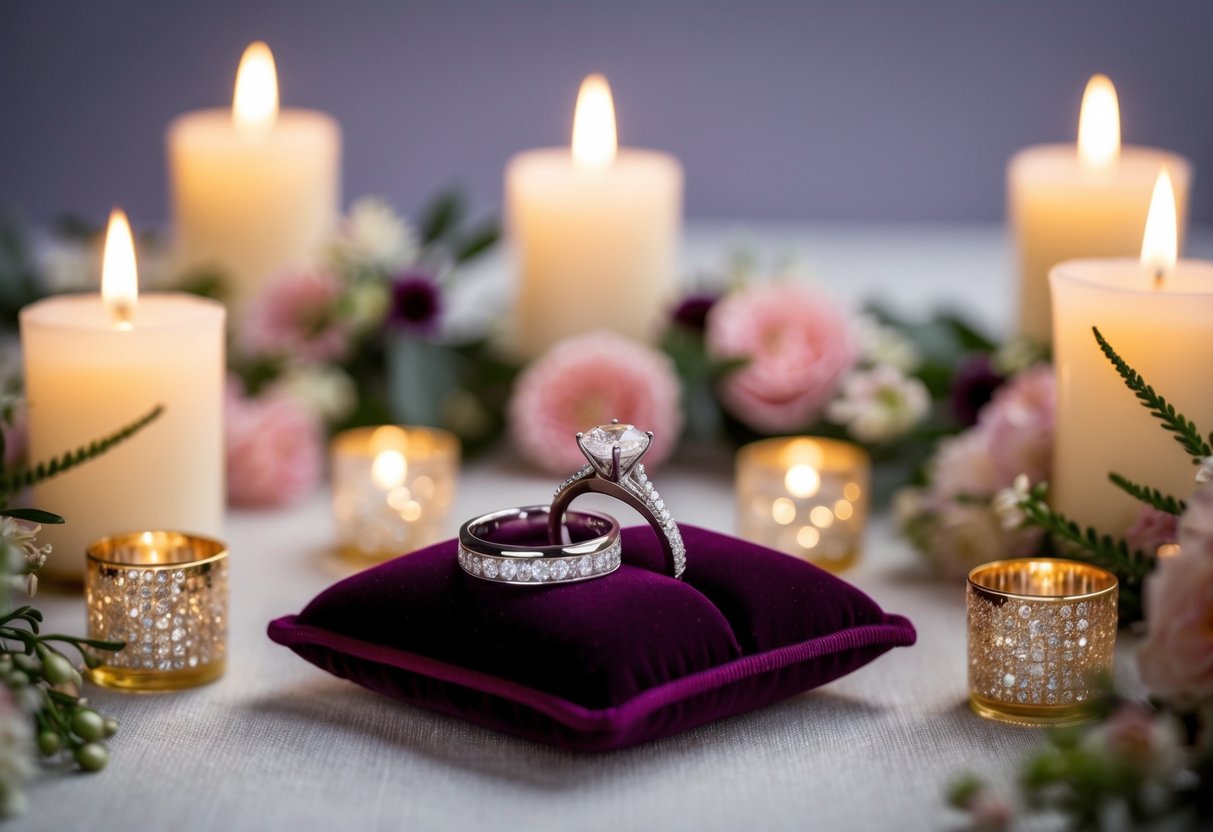 The queen's wedding and engagement rings are delicately placed on a velvet cushion, surrounded by shimmering candlelight and floral arrangements