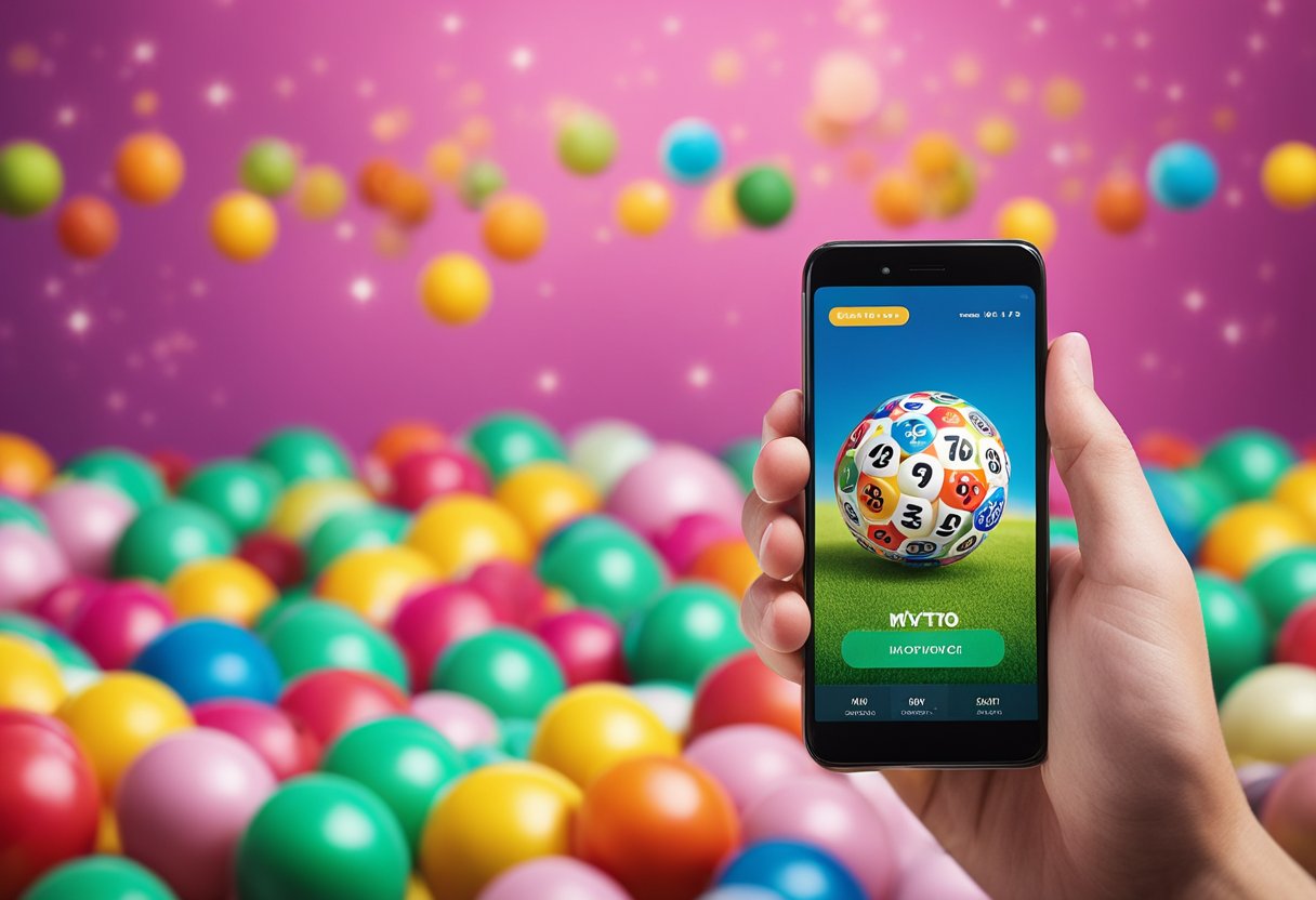 A hand holding a smartphone with the mylotto.co.nz website displayed on the screen, surrounded by colorful lottery balls and a vibrant background