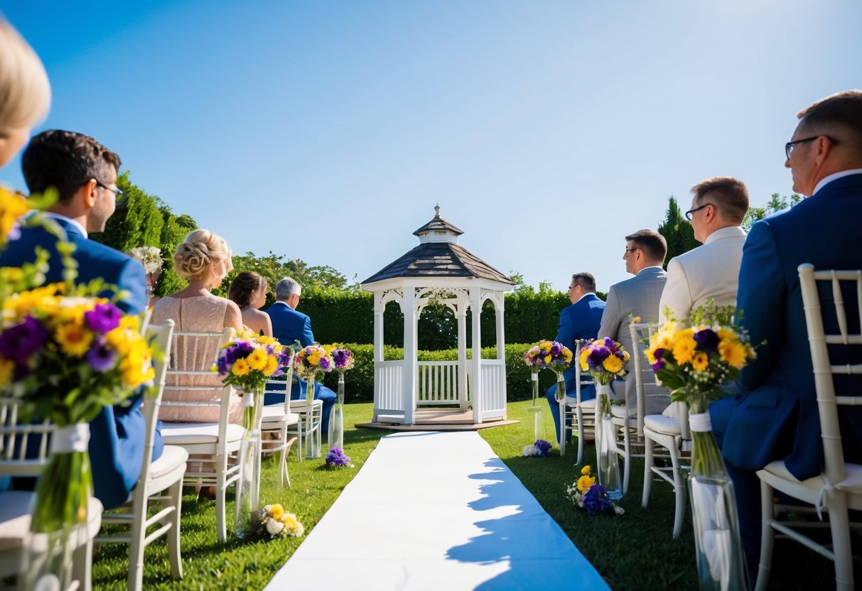 A sunny, outdoor wedding ceremony with a small gazebo and colorful flowers, surrounded by lush greenery and a clear blue sky