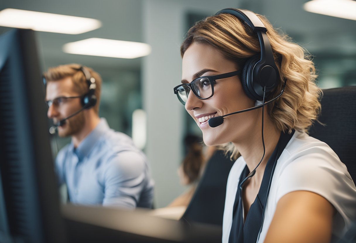 A customer support representative assisting a client with mylotto co nz, using a computer and headset in a bright, modern office setting