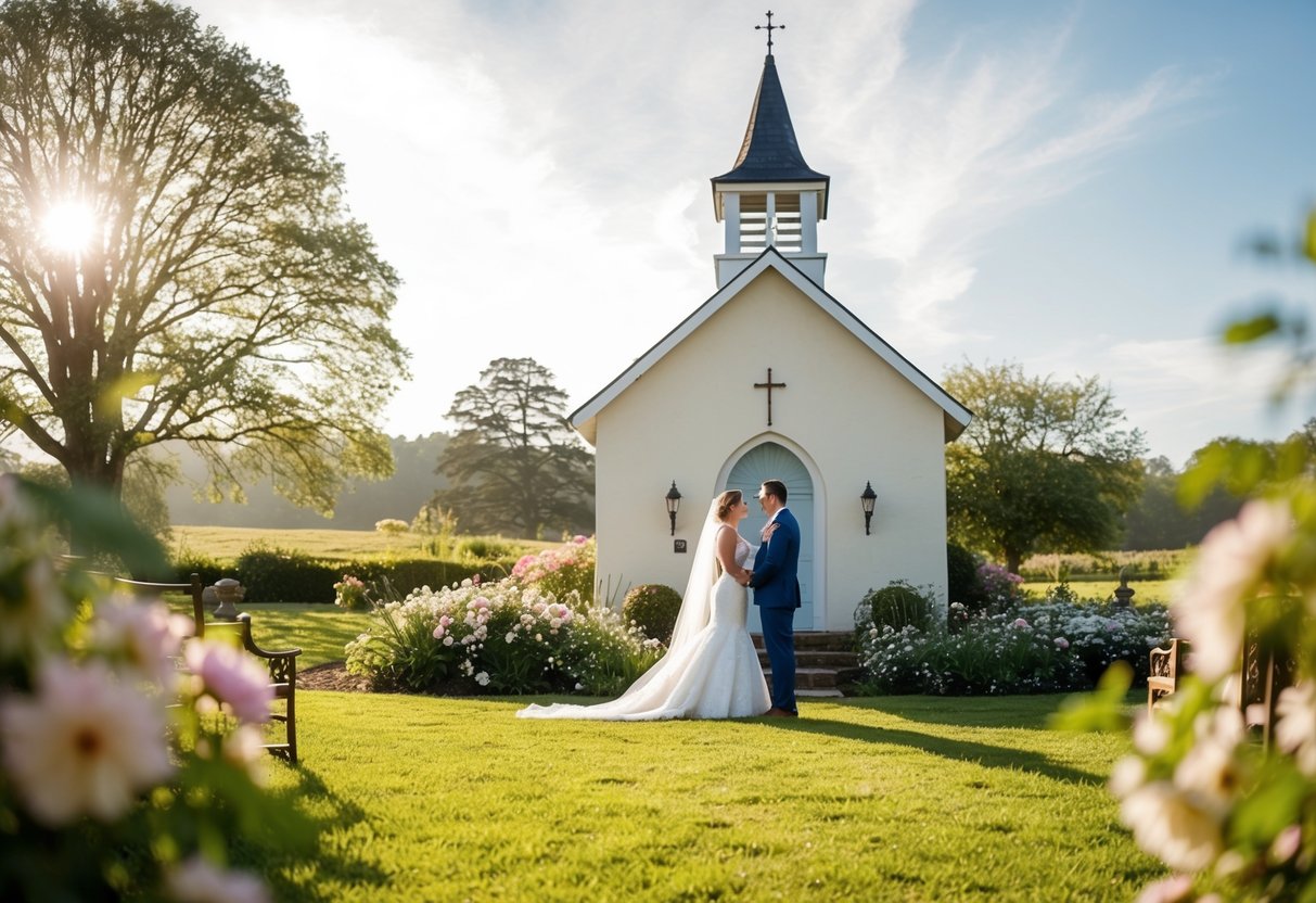 A quaint countryside chapel with a blooming garden, bathed in soft sunlight, as a couple exchanges vows