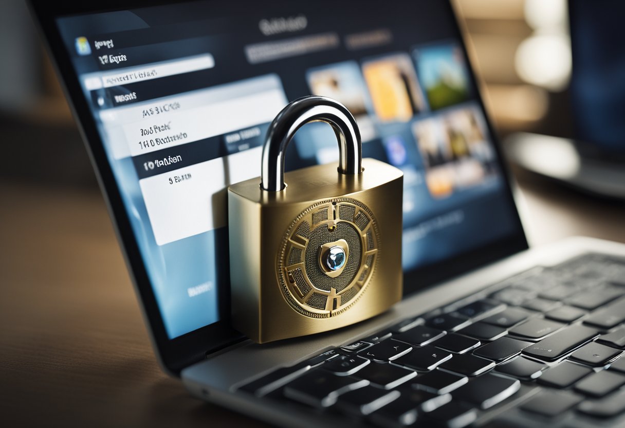 A padlock with a keyhole sits on a computer screen, surrounded by a shield and lock icons