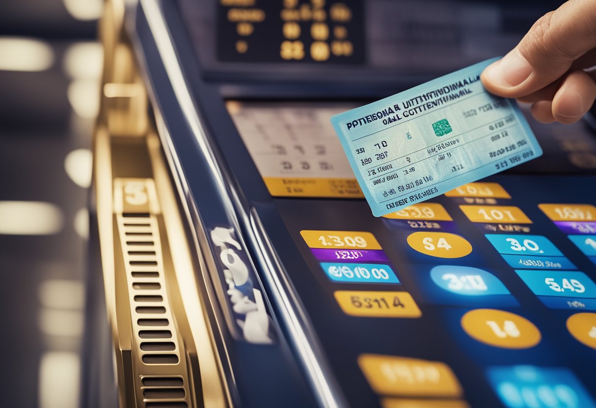 A hand reaching for a lottery ticket with various payment and withdrawal options displayed on a digital screen