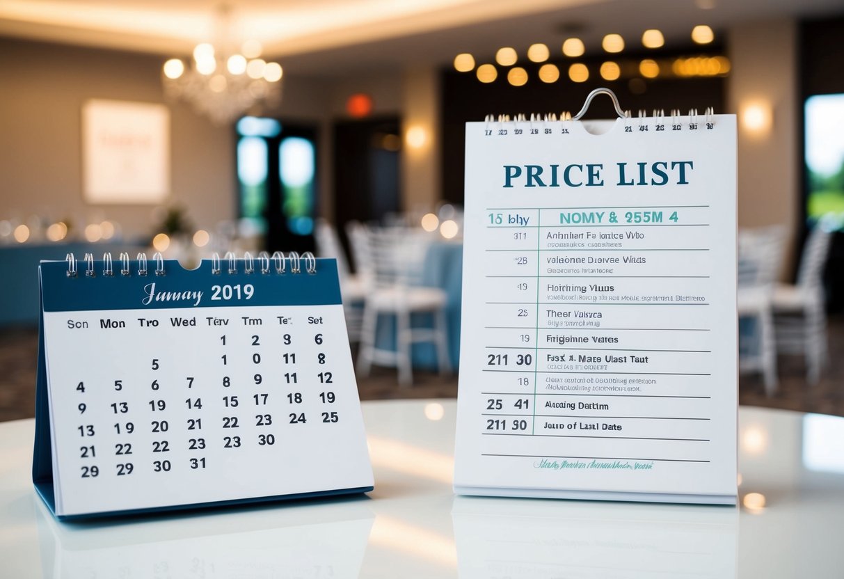 A calendar with highlighted dates, a price list, and a wedding venue in the background