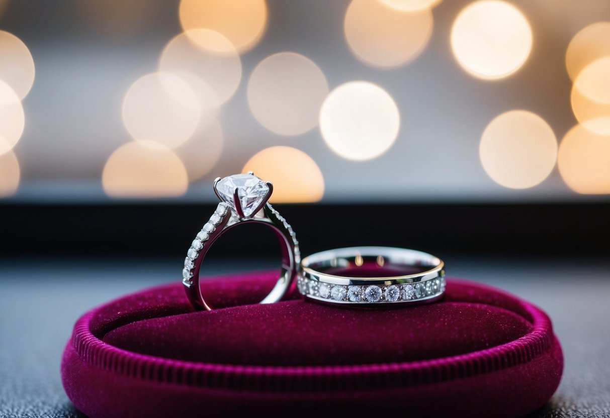 A sparkling engagement ring sits beside a gleaming wedding band on a velvet display cushion