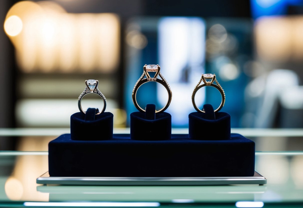 A jeweler's display with three wedding rings, one larger than the others, symbolizing a trilogy or set