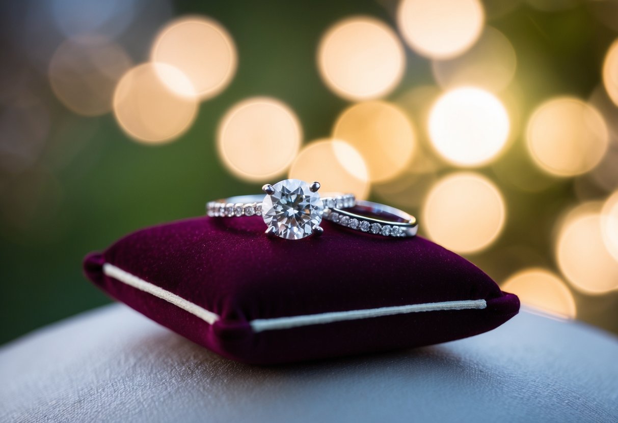 A sparkling engagement ring sits atop a velvet cushion, while a simple wedding band rests beside it