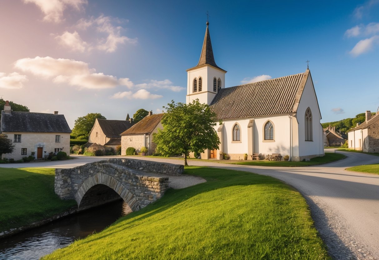 A quaint village church on a sunny afternoon with a charming stone bridge nearby