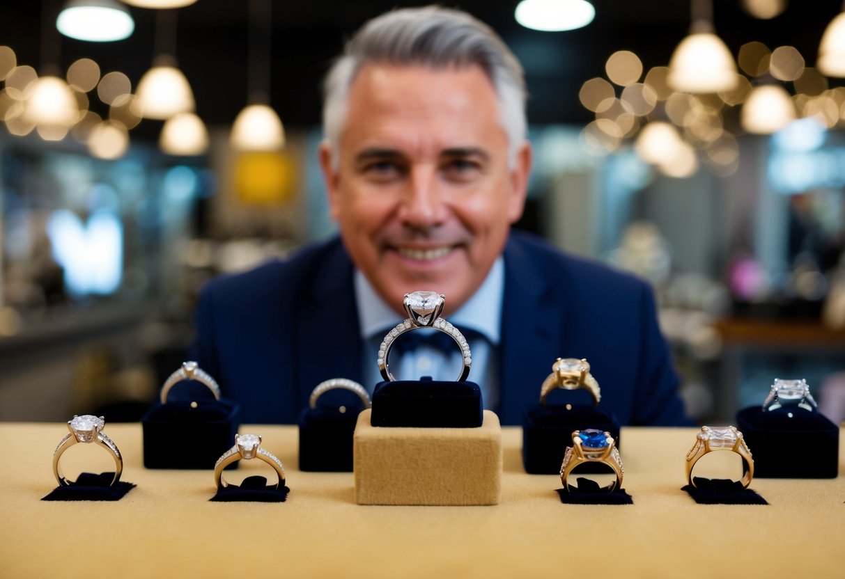 A jeweler showcasing a collection of rings, including engagement, wedding, and eternity rings, each symbolizing different milestones