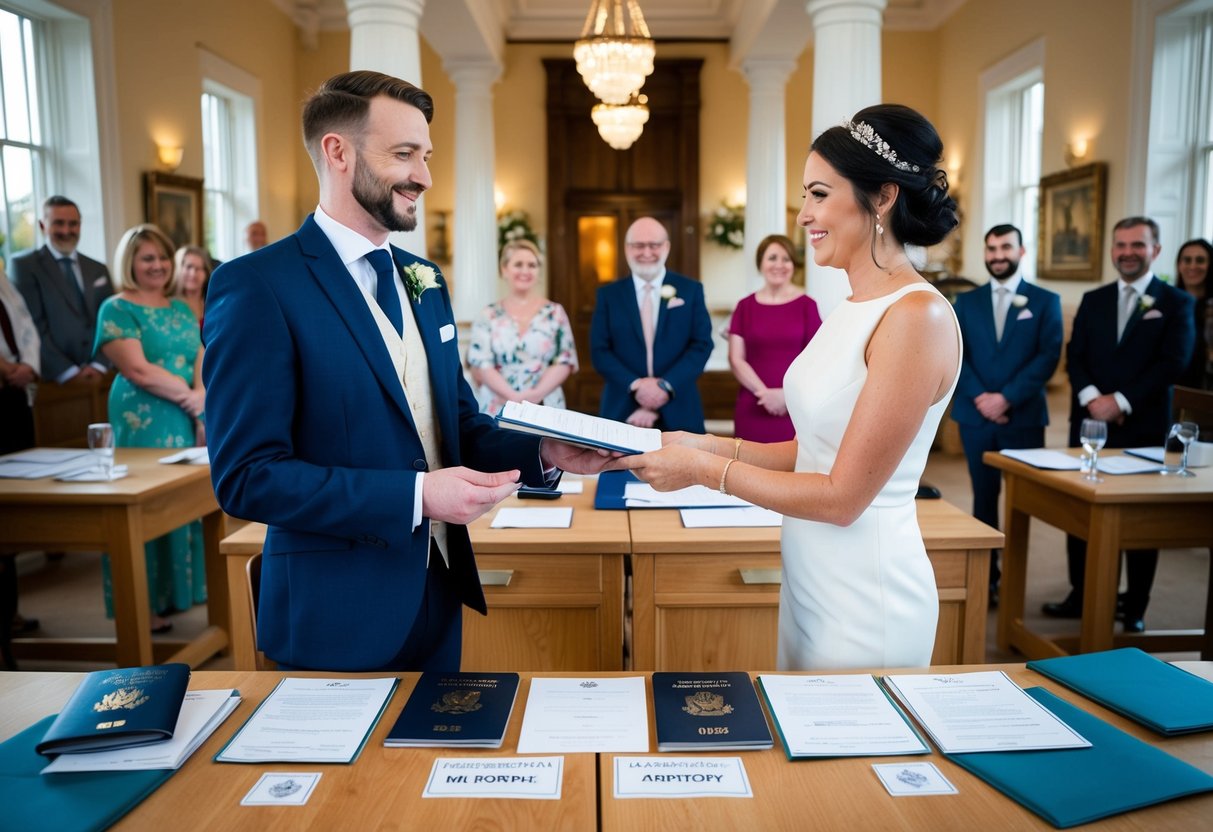 A couple stands before a registrar, presenting documents for a UK marriage. Tables hold forms, passports, and certificates. A celebratory atmosphere fills the room