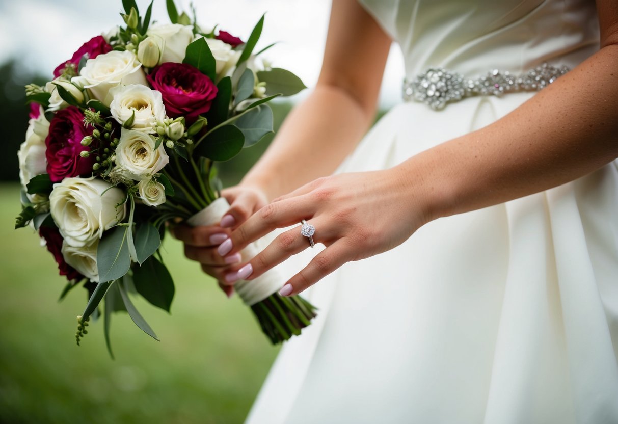 A bride's hand reaches for a bouquet, adorned with a single ring on her left ring finger