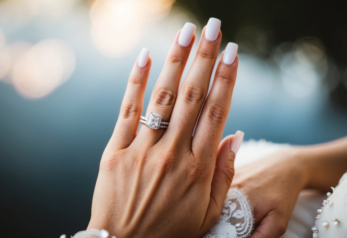 A bride's hand with three rings on her ring finger