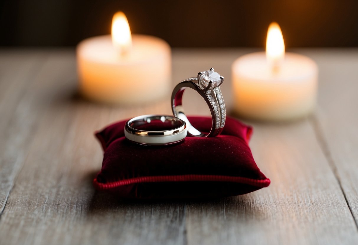 Two wedding rings resting on a velvet cushion, illuminated by soft candlelight