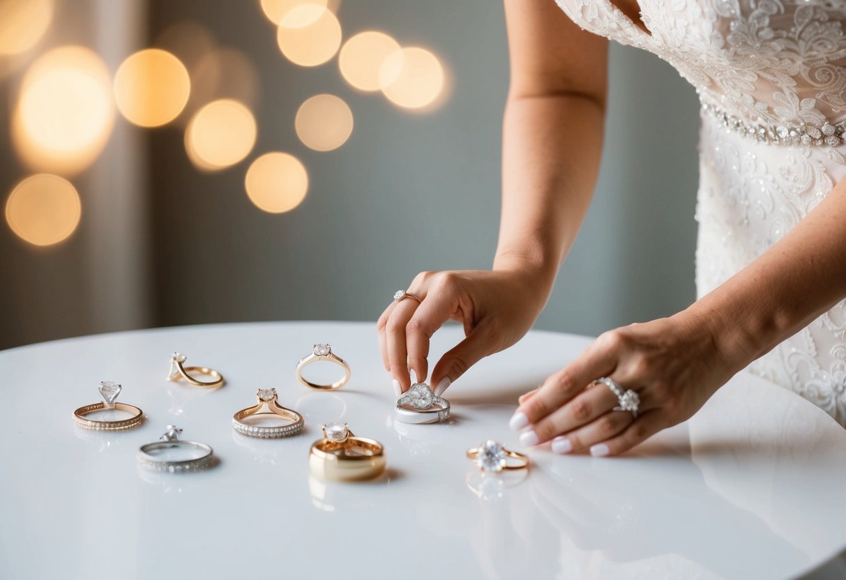 A table with various rings displayed, a bride-to-be carefully examining each one