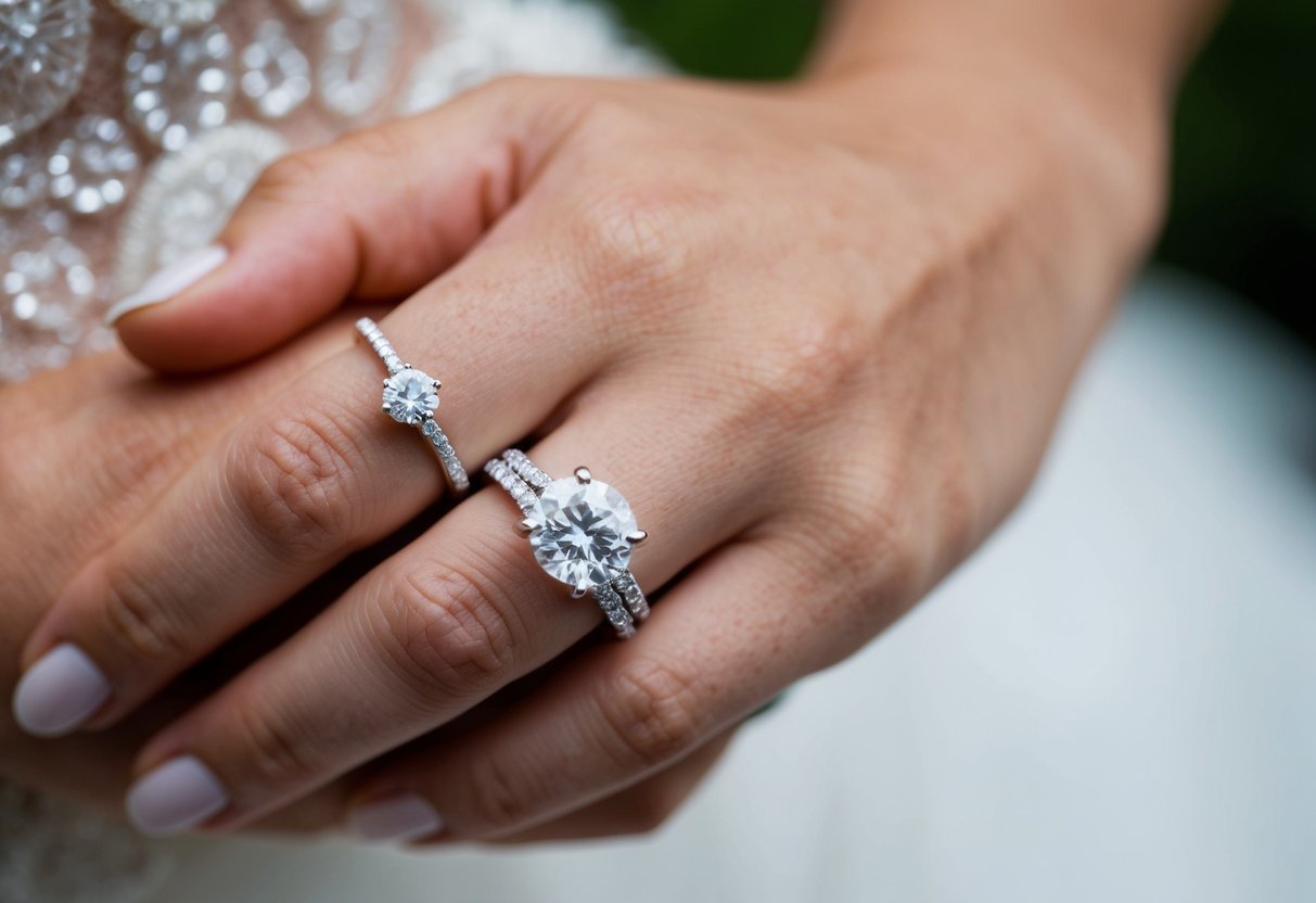 A bride's rings: a diamond engagement ring on her left hand and a wedding band on the same finger