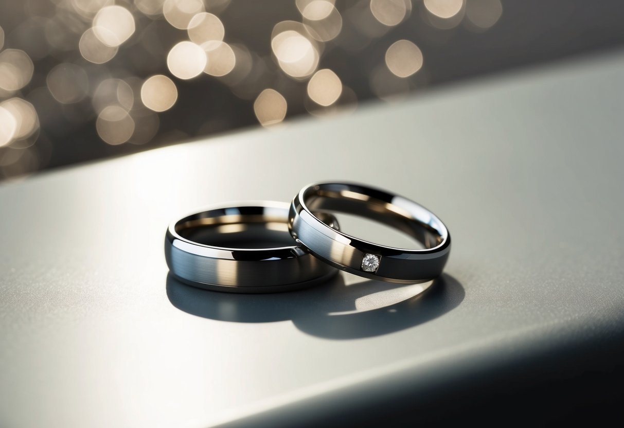 Two wedding rings resting on a smooth, polished surface, catching the light and casting a soft shadow