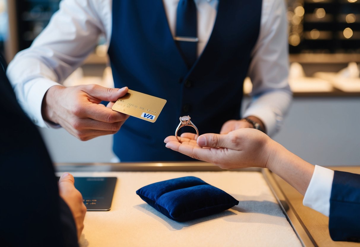 A man places a wedding ring on a velvet cushion in a jewelry store. He hands over his credit card to the cashier