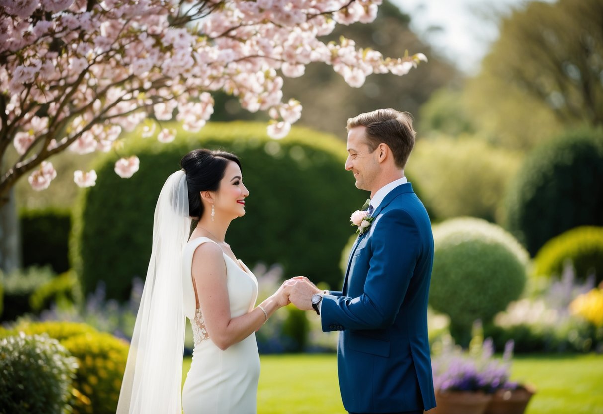 A couple exchanging vows under a blooming tree in a lush garden
