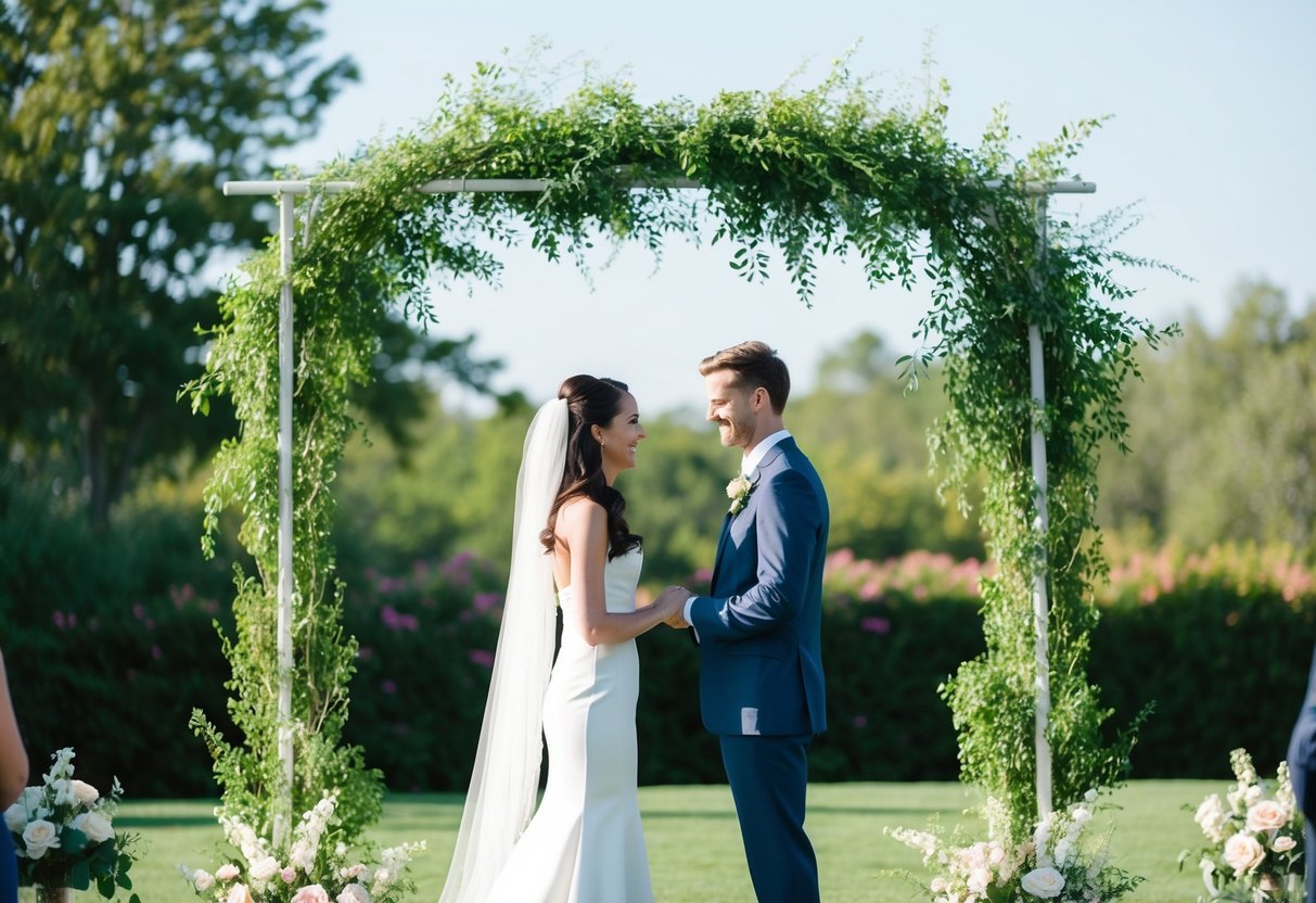 A couple exchanging vows under a simple outdoor wedding arch, surrounded by lush greenery and blooming flowers, with a clear blue sky above