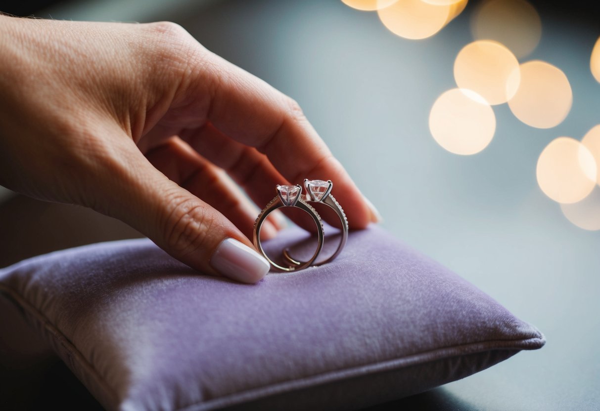 A hand placing two wedding rings side by side on a soft velvet cushion
