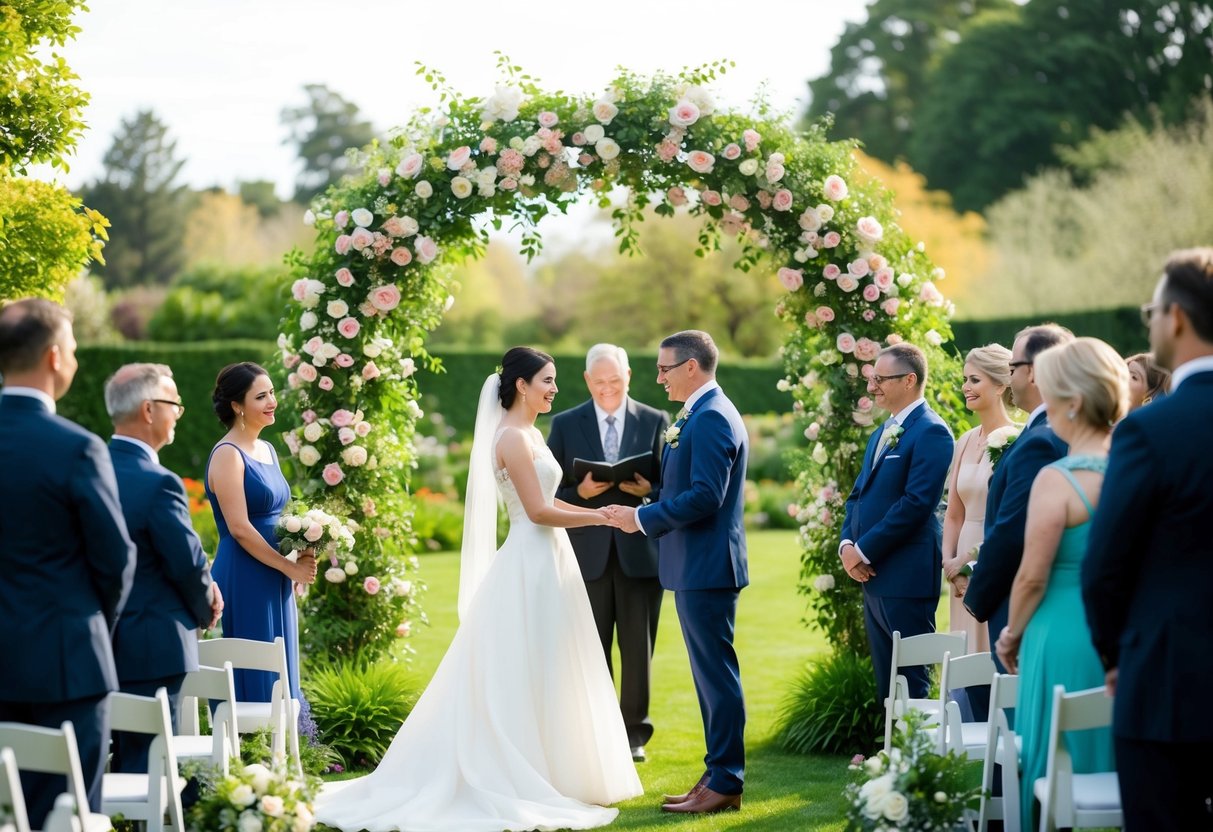 A couple stands beneath a blooming outdoor arch, exchanging vows as guests look on in a lush garden setting