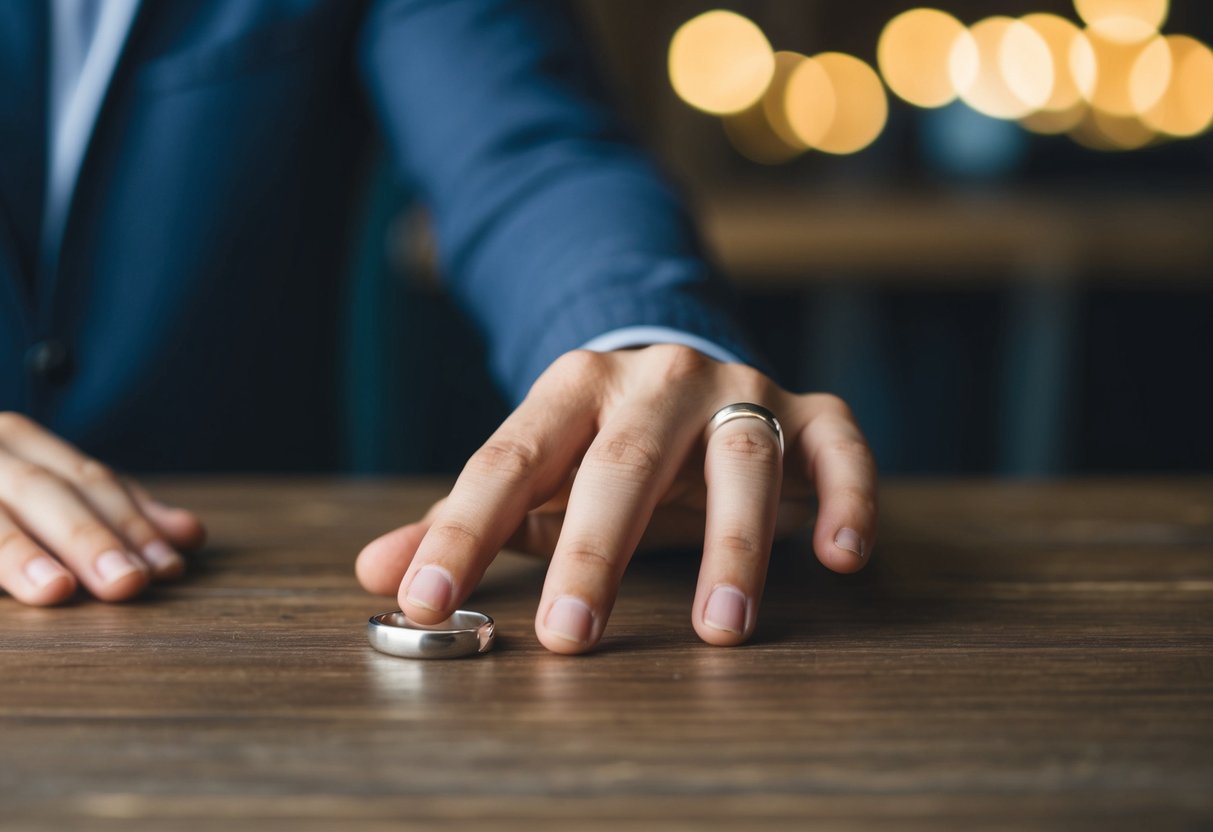 A man's hand reaches for a simple silver ring on a wooden table
