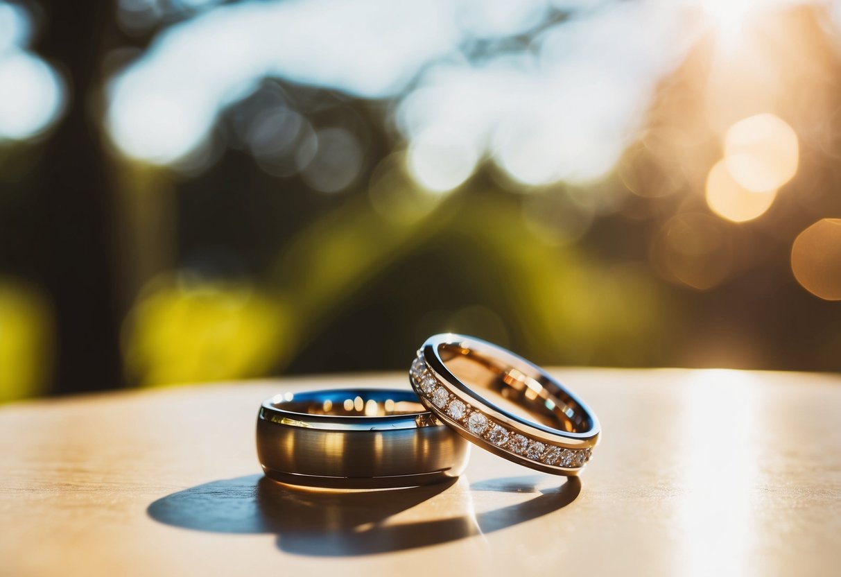 A couple's intertwined wedding rings on a sunlit tabletop