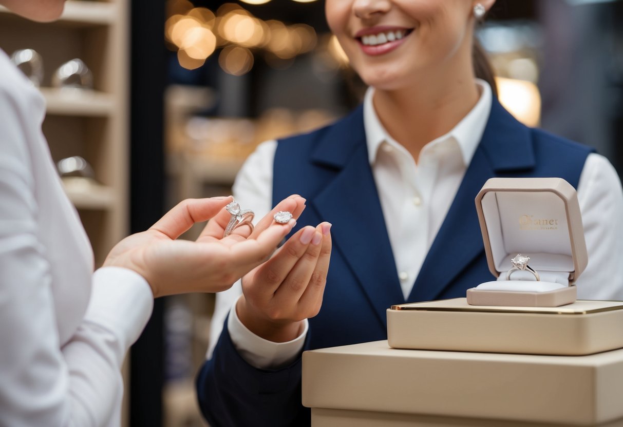 A jewelry store employee presents a diamond ring to a customer