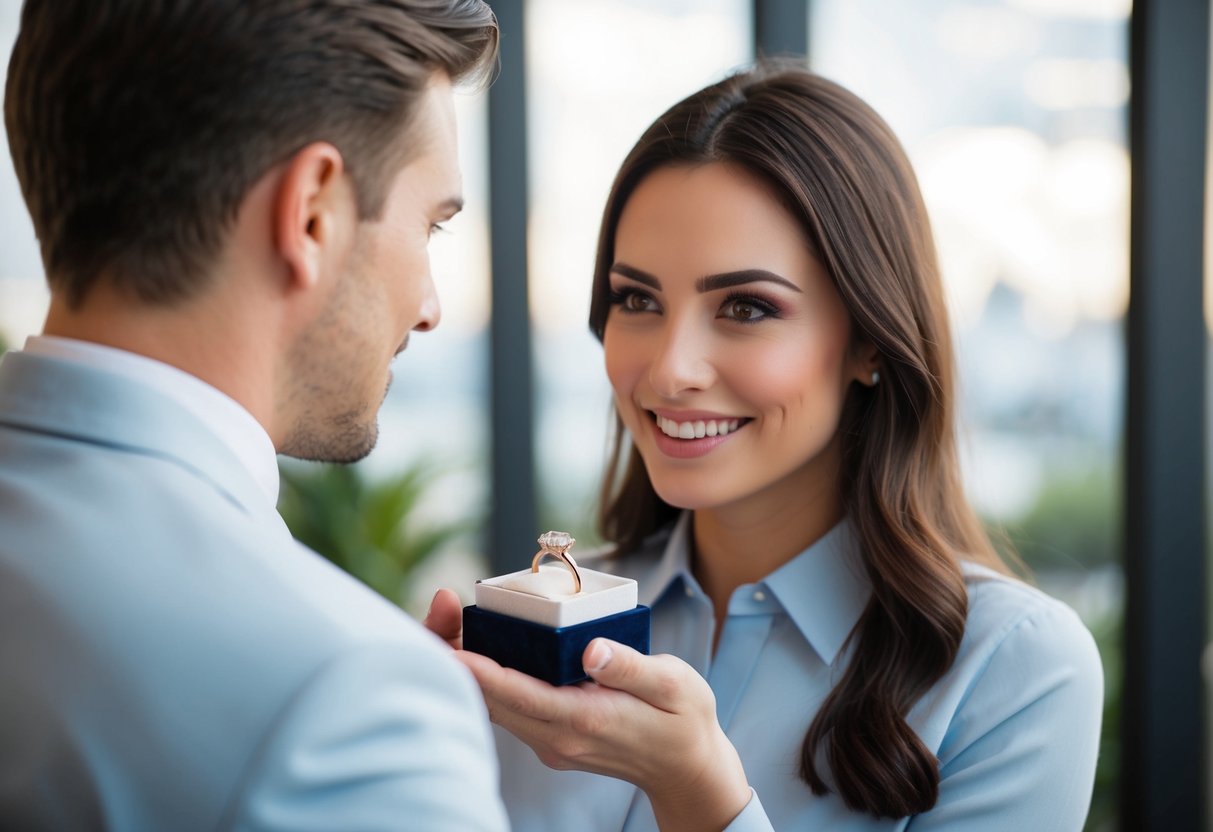A woman presents a man with a small, elegant ring in a decorative box