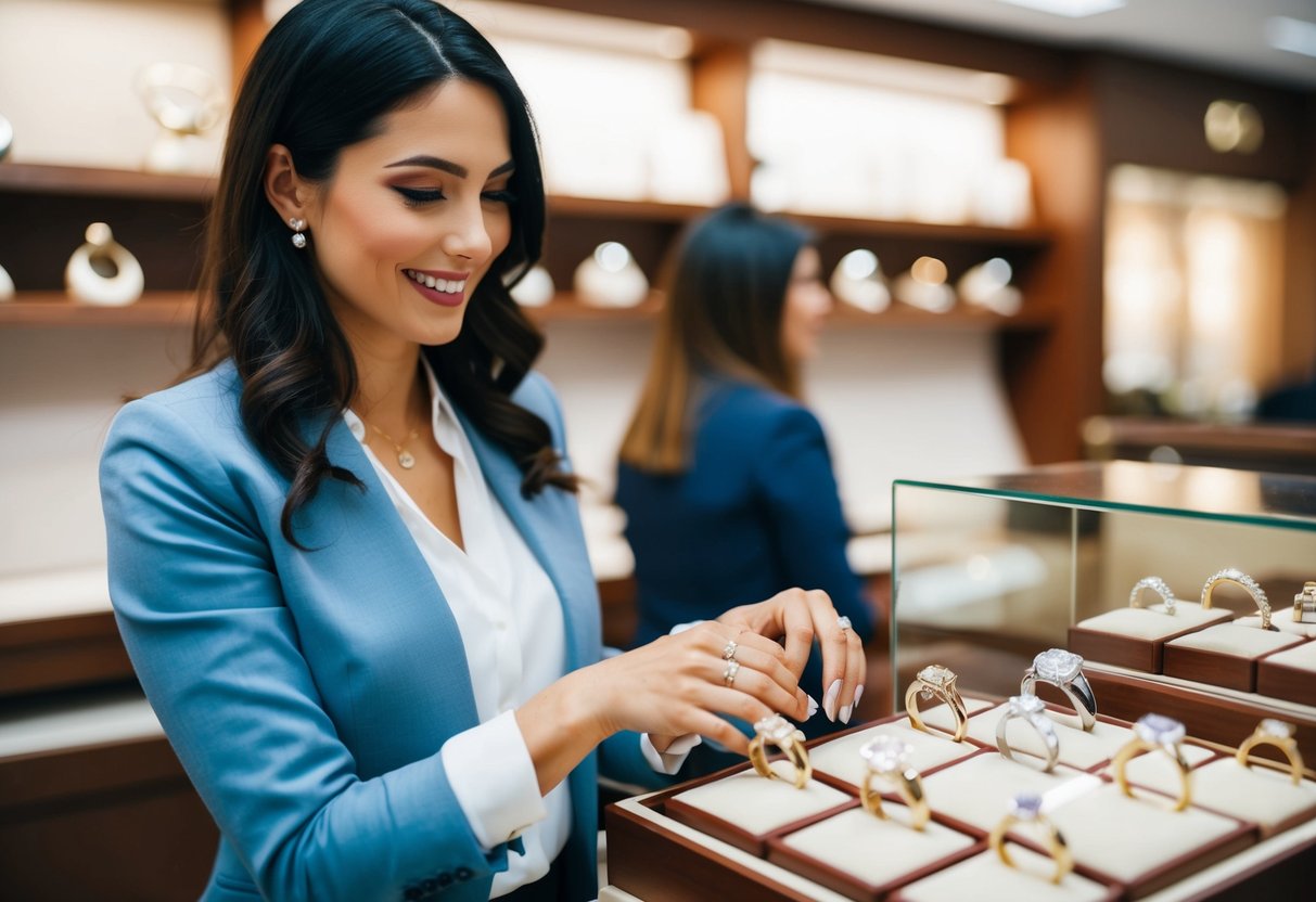 A woman browsing a selection of engagement rings in a jewelry store