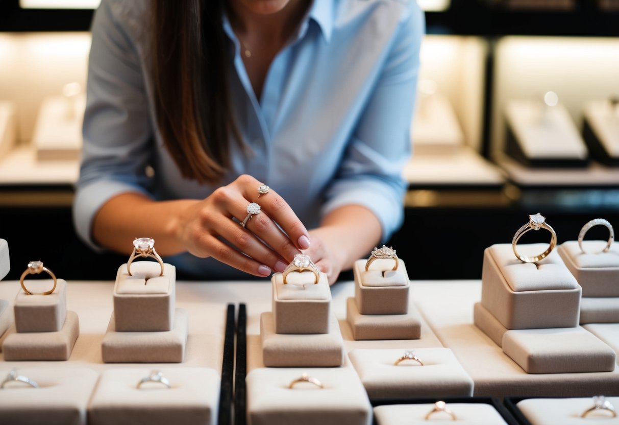 A person browsing engagement rings at a jewelry store, considering various designs and sizes