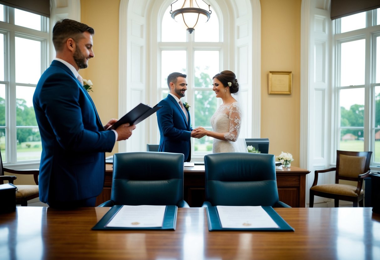 A registrar's office with a desk, chairs, and wedding documents on a table. A couple stands in front of the registrar, exchanging vows