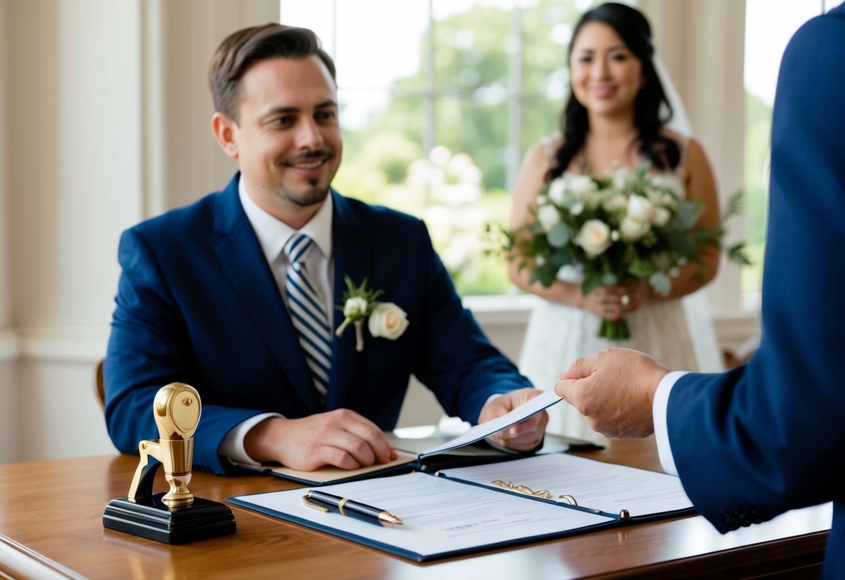 A registrar sitting at a desk with a wedding register, pen, and official stamp. A couple stands in front, exchanging vows