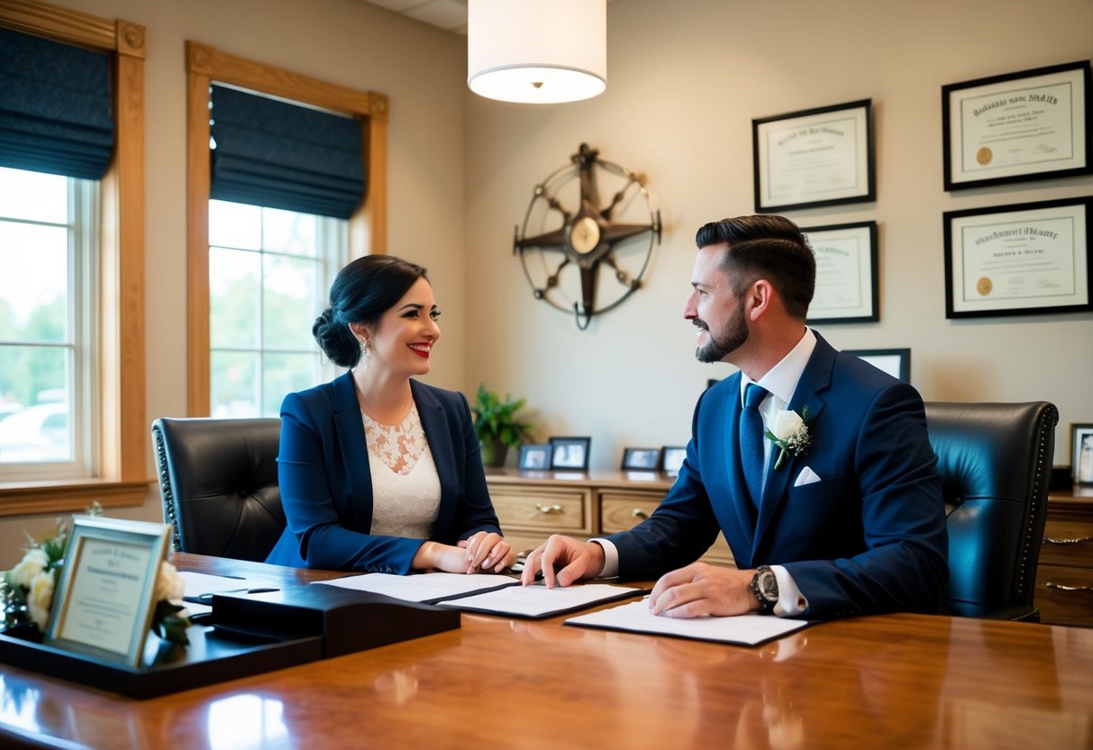 A couple sits across from the registrar, discussing wedding details in a cozy office space with a large desk and framed certificates on the wall