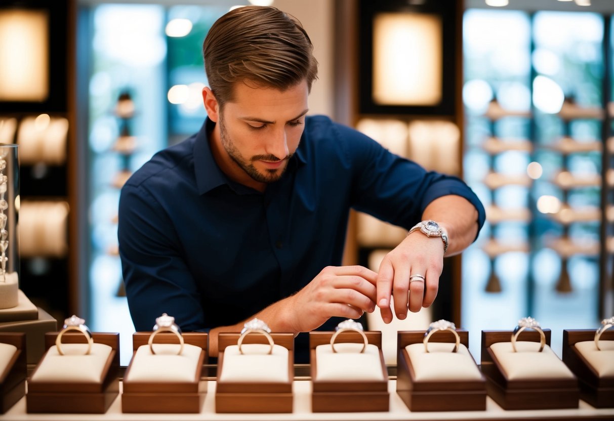 A man browsing through a display of wedding bands at a jewelry store