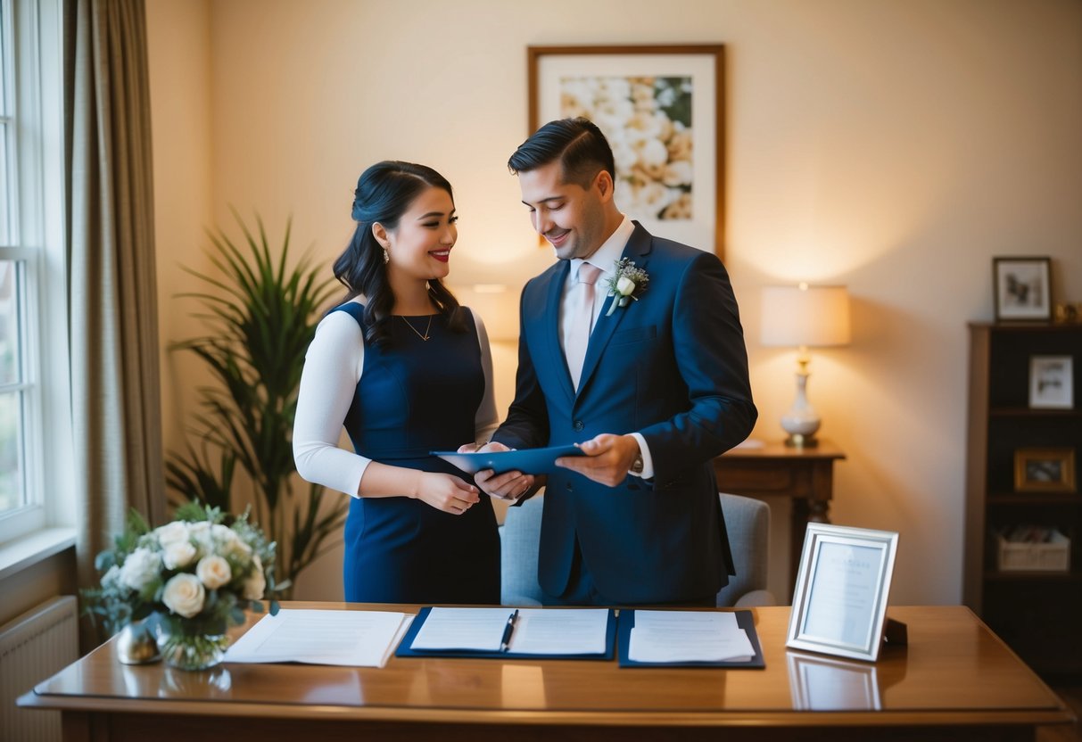 A couple stands before a registrar, discussing wedding details in a cozy office with soft lighting and a warm, welcoming atmosphere
