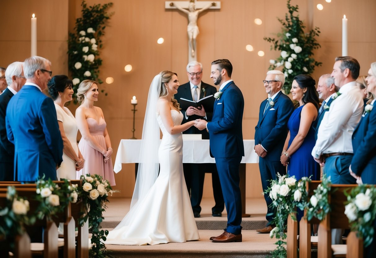 A couple standing at the altar, surrounded by family and friends, exchanging vows