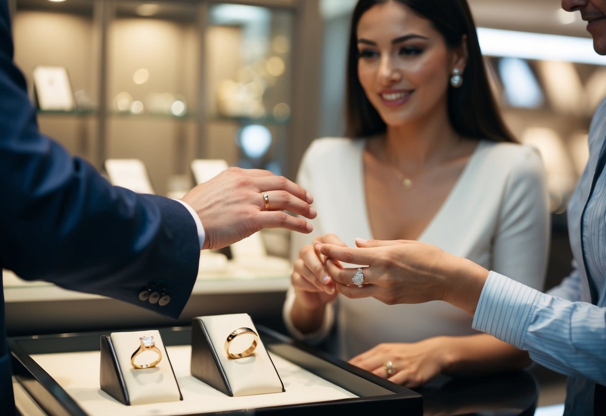A man's hand reaches for a simple gold band on a jewelry store display, while a woman tries on a diamond engagement ring nearby