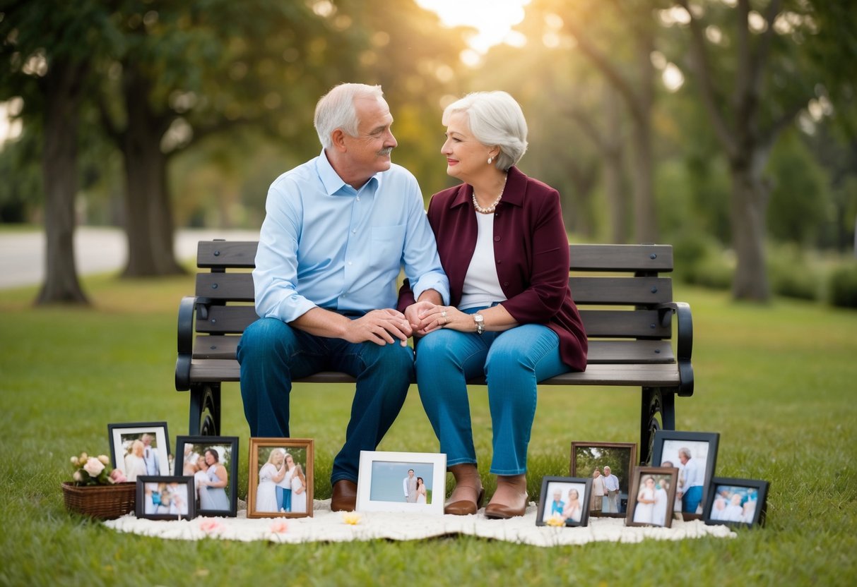 A couple sitting on a bench, surrounded by photos and mementos from their past experiences together, contemplating the idea of marriage at an older age