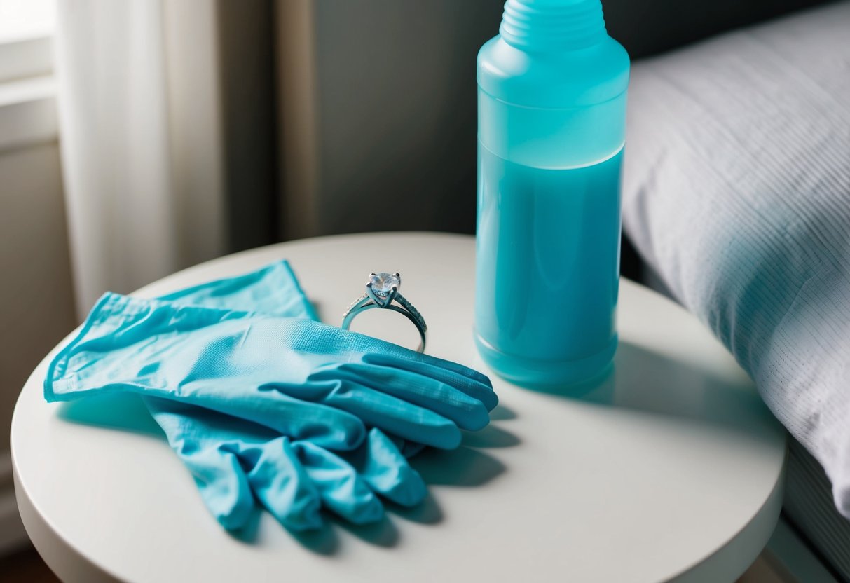 A woman's engagement ring sits on a bedside table next to a pair of rubber gloves and a bottle of bleach