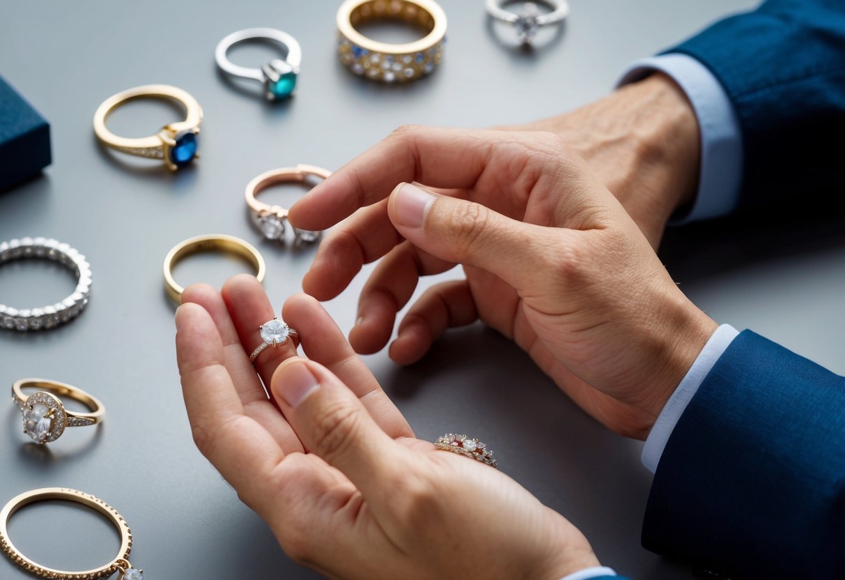 A man's hand reaches for a simple engagement ring, surrounded by various jewelry options. The scene depicts a choice between traditional gender norms and personal preference