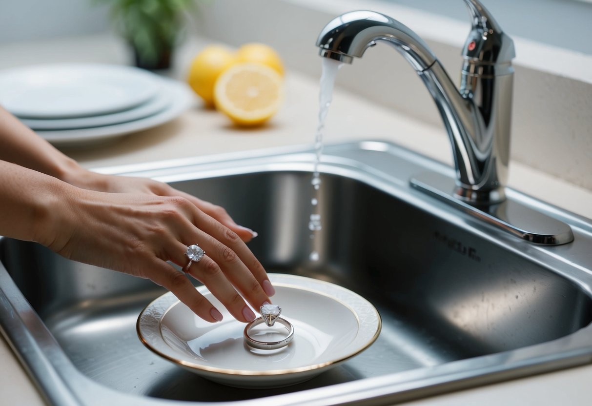 A woman's engagement ring sits on a jewelry dish next to a sink, while she washes dishes and applies lotion, following ring safety guidelines
