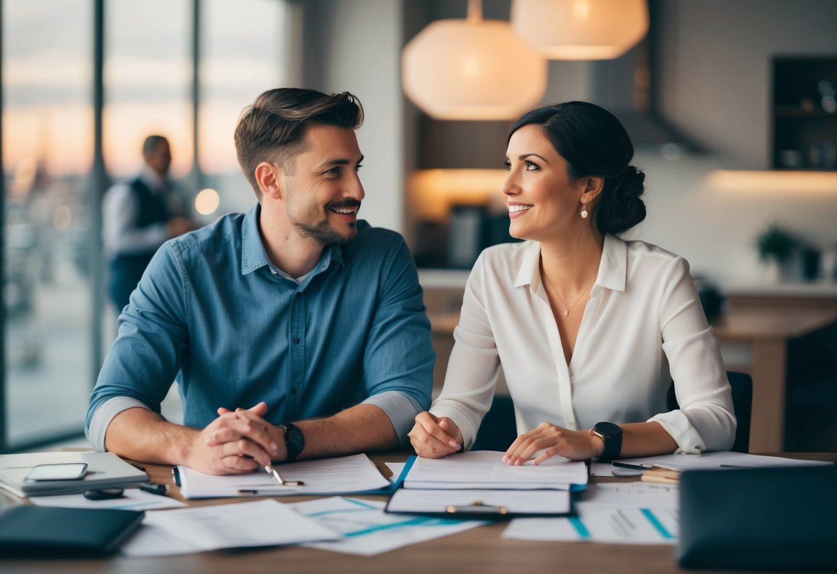 A couple sits at a table, surrounded by wedding planning materials. They look contemplative, with a mix of excitement and uncertainty in their expressions