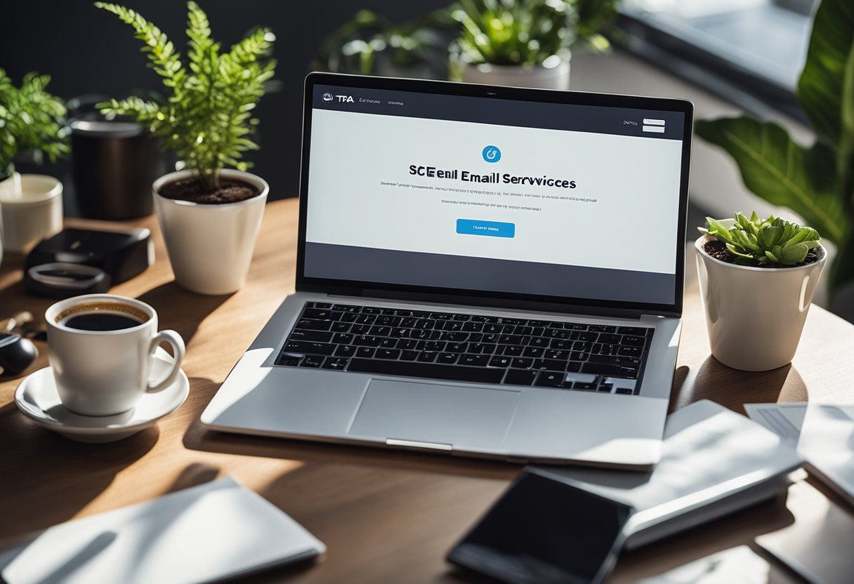 A laptop displaying the Xtra Email Services website on a desk with a cup of coffee and a potted plant next to it