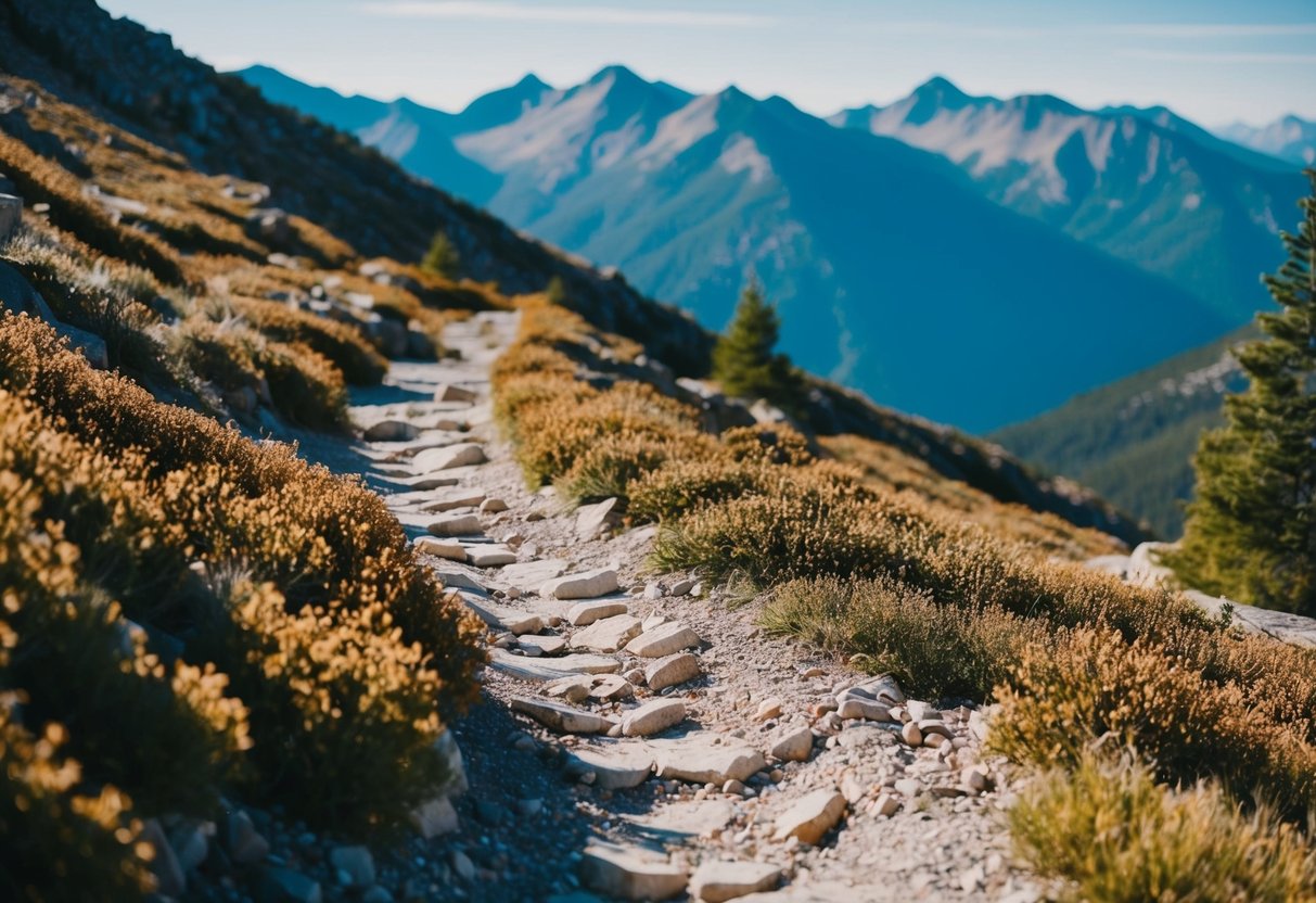 A hiking trail with rugged terrain and a scenic view of mountains in the background