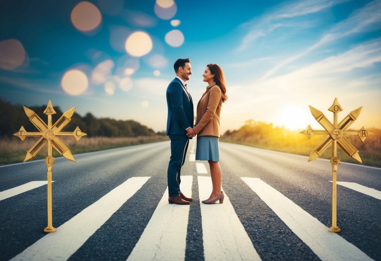 A couple stands at a crossroads, surrounded by symbols of commitment and uncertainty