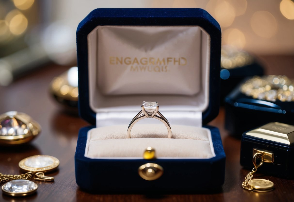 An engagement ring lies on a soft velvet cushion inside a locked jewelry box, surrounded by other precious items