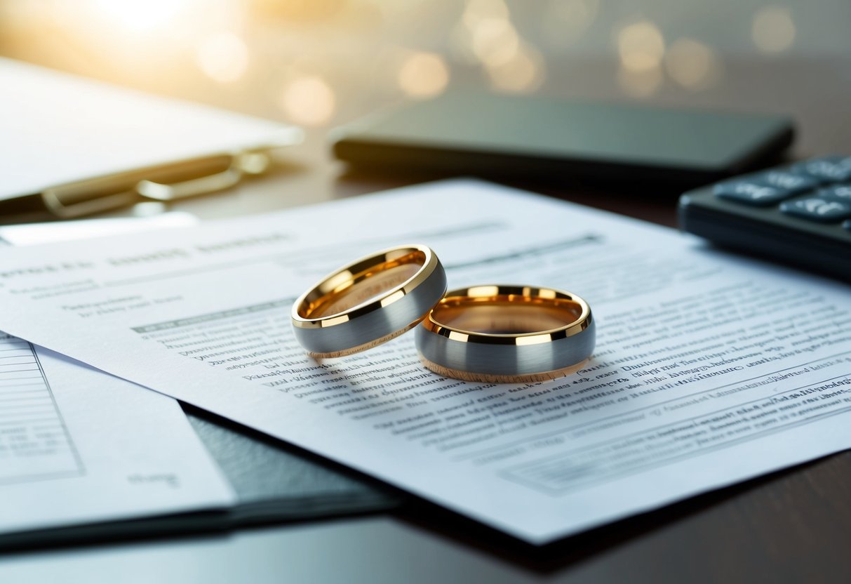 Two wedding rings lying abandoned on a table, surrounded by legal documents and a sense of finality