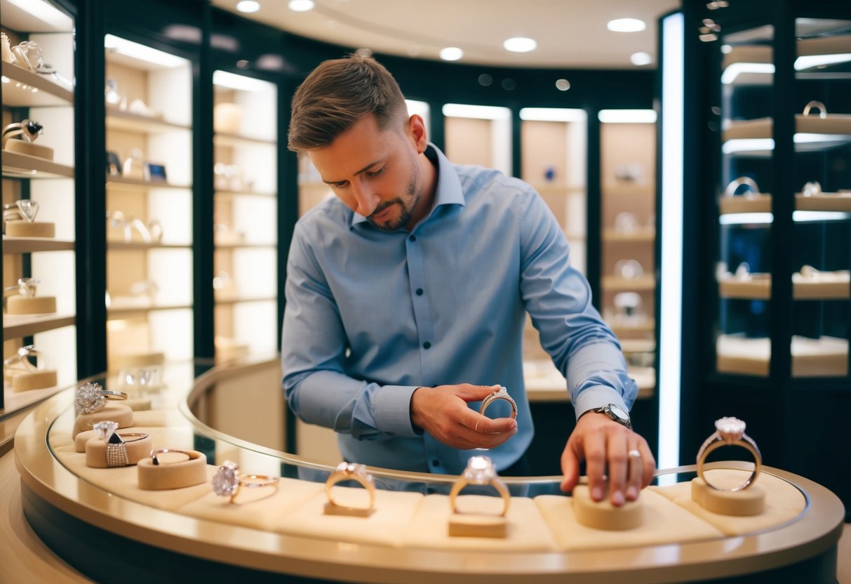 A man browsing through a display of wedding rings at a jewelry store, carefully examining each one before making a selection