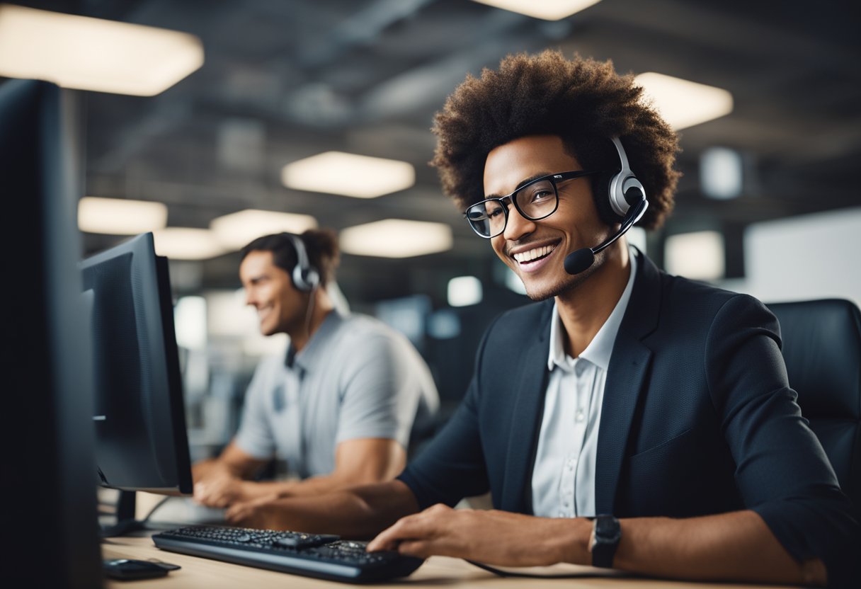 A customer support representative assists a client over the phone, surrounded by a computer, headset, and various resources